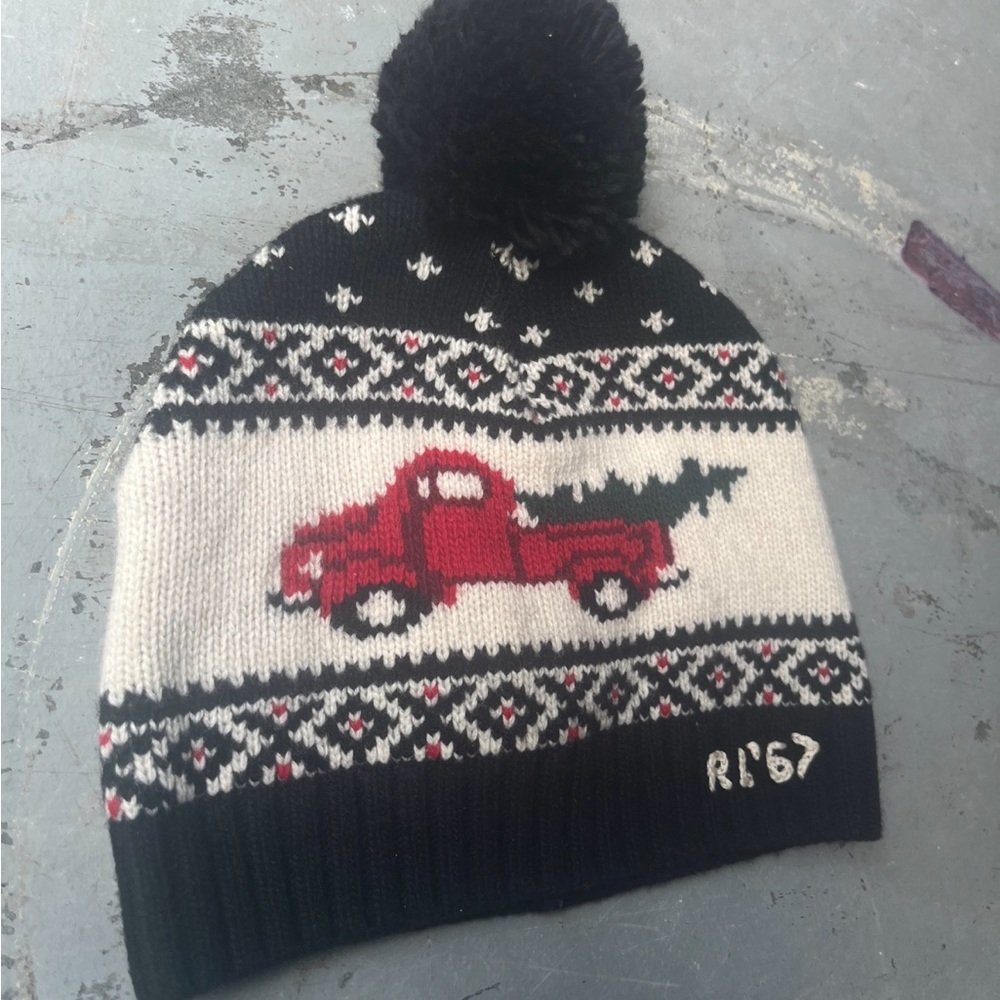 Polo Ralph Lauren Black / Red Wool “Winter Truck” Pom Pom Beanie Cap 67’
